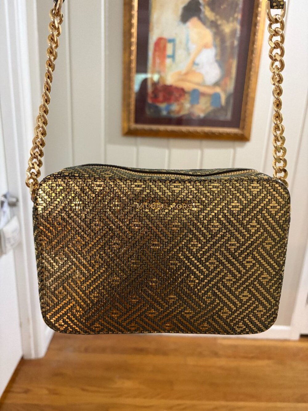 Michael Kors Ginny Camera Bag Metallic Gold Woven Crossbody